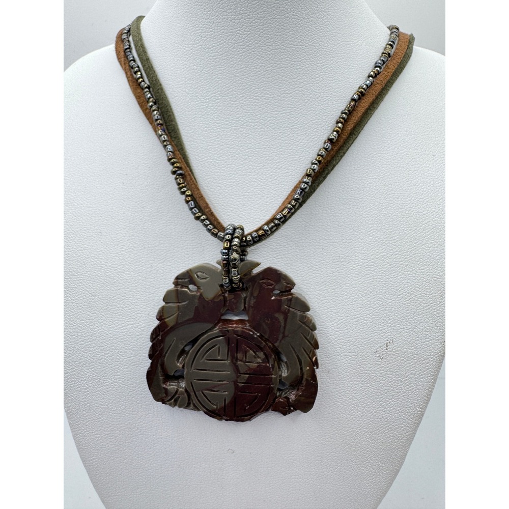 Bohemian Carved Stone Bird Pendant Multi-Strand Suede Bead Necklace Brown Green